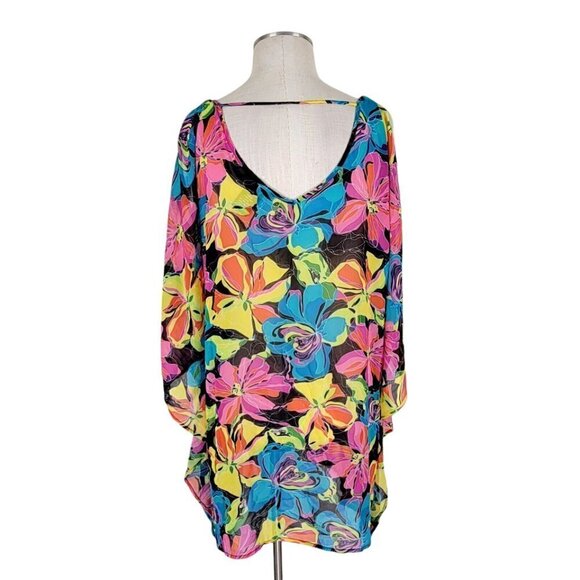 BCBGMaxAzria Cover Up Top Women Size S Oversize Batwing V Neck Floral Colorful - Picture 3 of 9